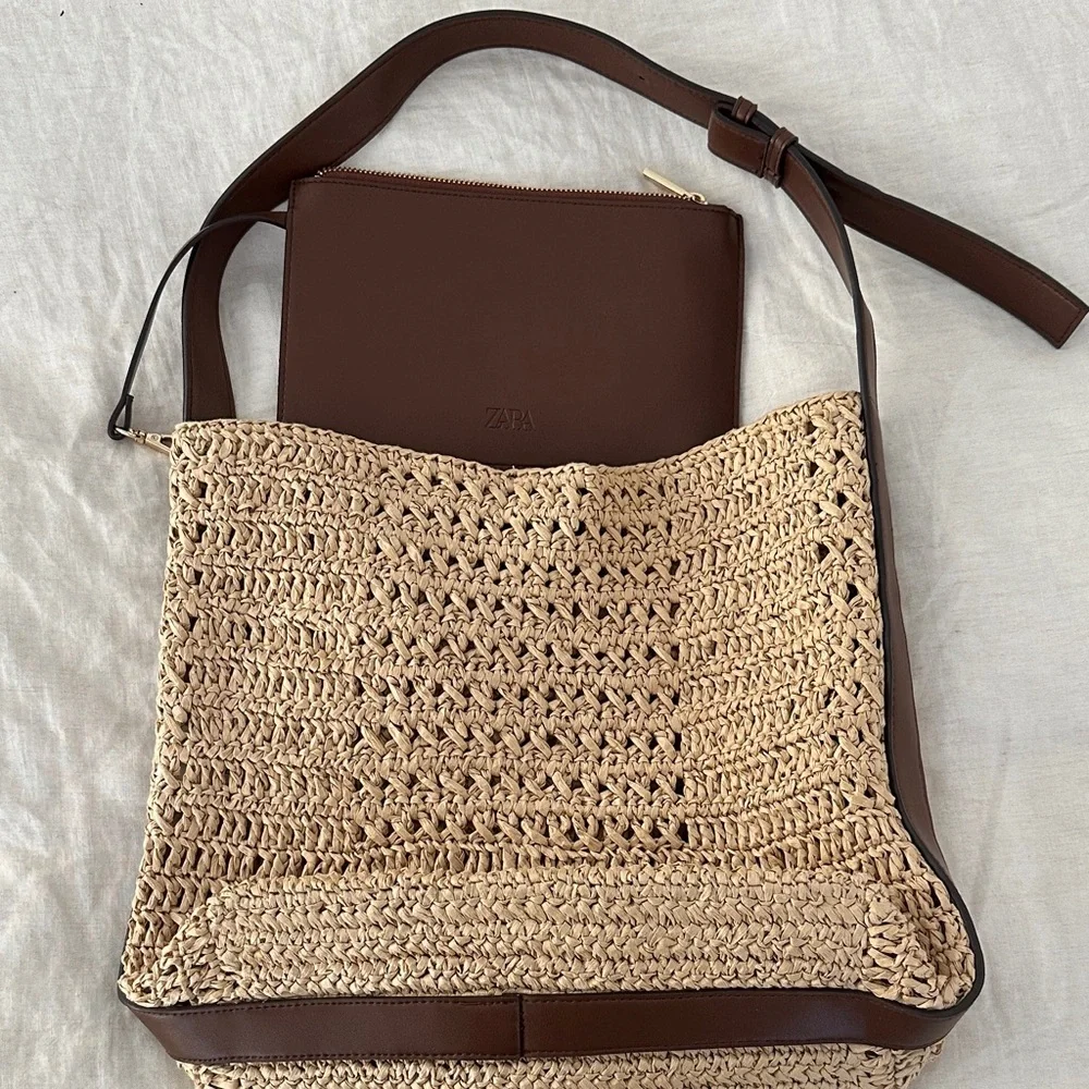 Zara raffia bucket bag - natural/brown straps - Picture 2 of 5